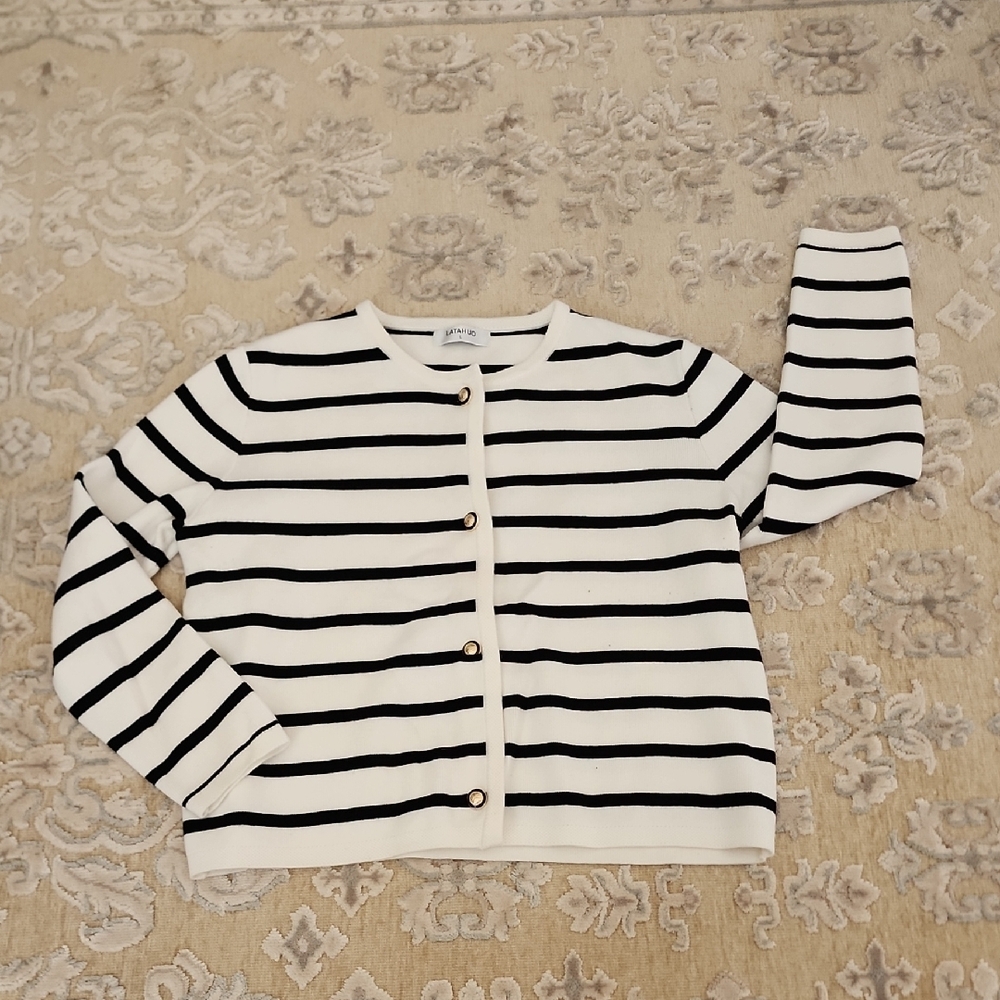 Amazon Black and White Striped Cardigan Sweater With Gold/Black Buttons